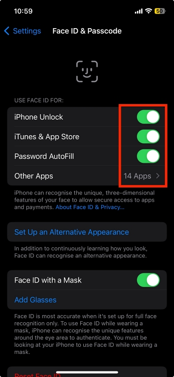 Face ID settings on iPhone