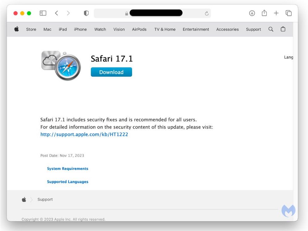 Fausse mise à jour Safari sur Mac pour injecter AMOS