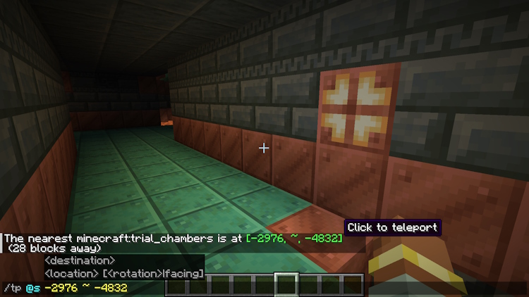 Click on the green coordinates so you can teleport there and find the trial chamber structure in Minecraft 1.21