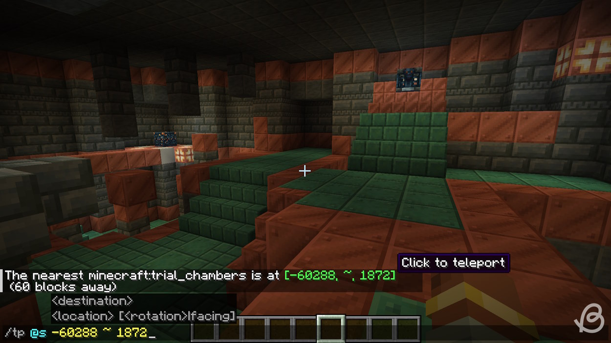 Click on the green coordinates so you can teleport there and find the trial chamber structure in Minecraft 1.21