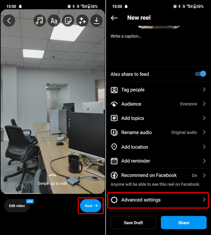 Heading over to Advanced Settings when uploading an Instagram reel