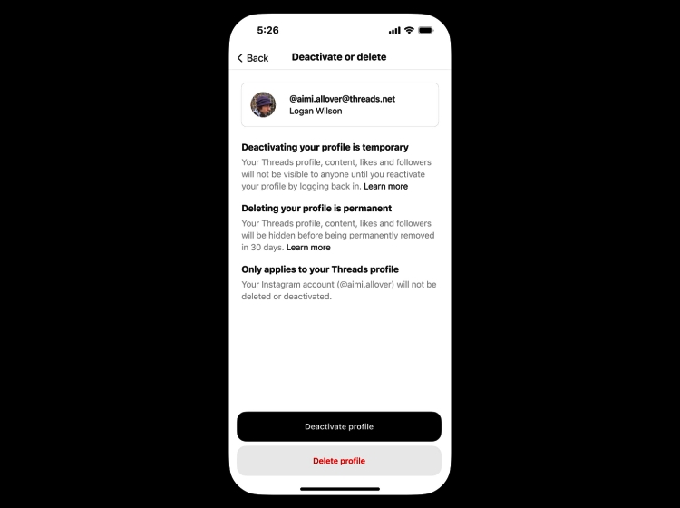 Delete or Deactivate Threads Account separately from Instagram