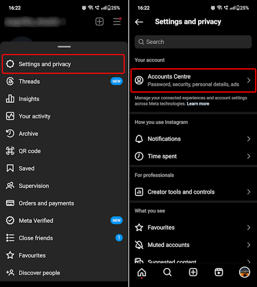 Navigating to Meta's Accounts Centre via Instagram on Android