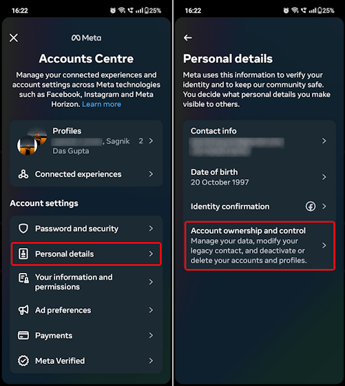 Personal details tab on in Meta Accounts Centre