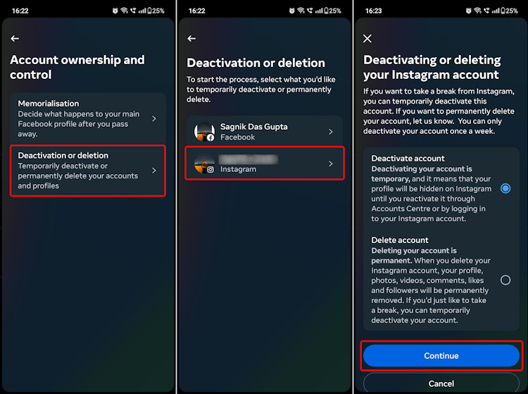 Choosing to deactivate or delete Instagram account