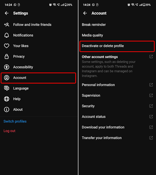 Threads Account settings to find the deactivate or delete profile section
