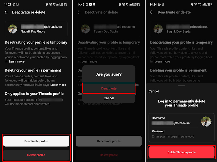 What happens after tapping on the deactivate or delete profile button on Threads