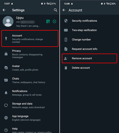 WhatsApp second number Account Settings