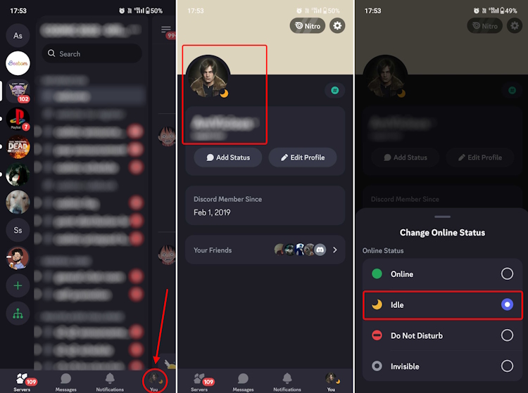 How to set Discord status to idle on Android
