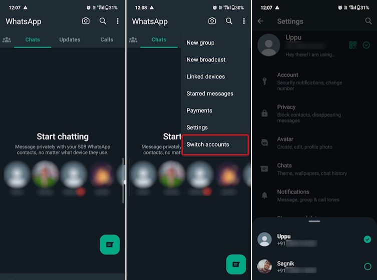 Switching in between two WhatsApp accounts using Multiple Accounts feature