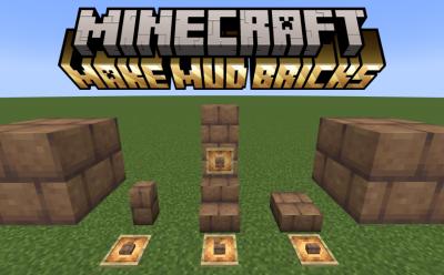 All the mud brick variants placed in the world and in item frames in Minecraft
