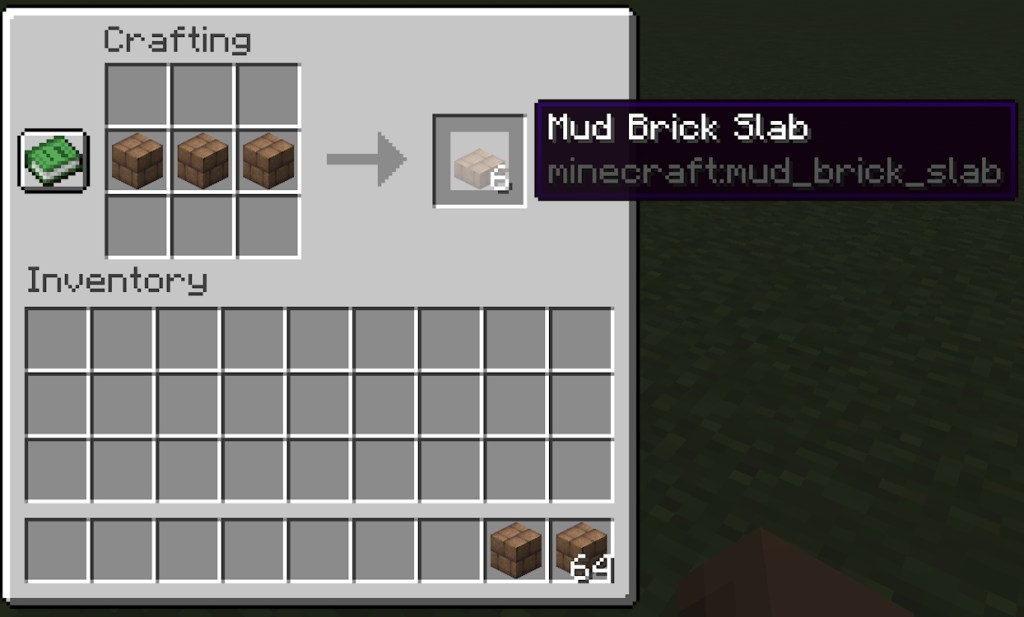 Crafting recipe for the mud brick slabs inside the crafting table in Minecraft