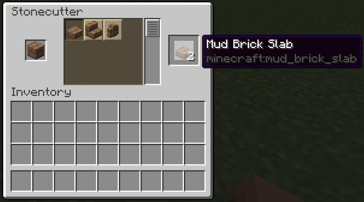 Crafting recipe for the mud brick slabs inside the stonecutter