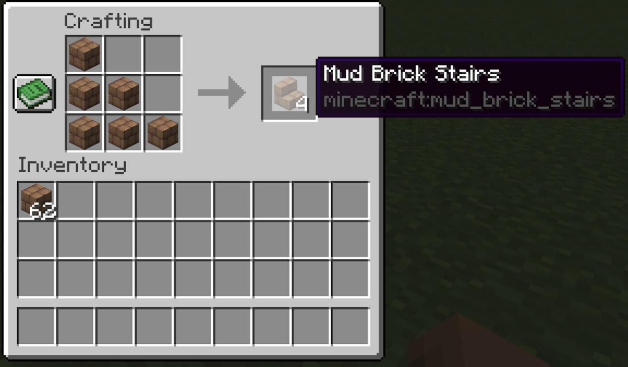 Crafting recipe for the mud brick stairs inside the crafting table