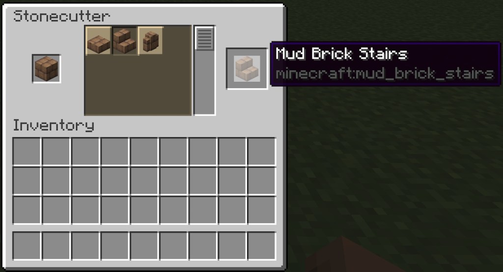 Crafting recipe for the mud brick stairs inside the stonecutter in Minecraft