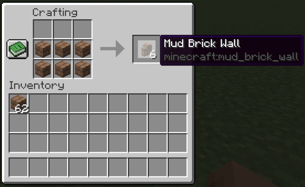 Crafting recipe for the mud brick wall inside the crafting table in Minecraft