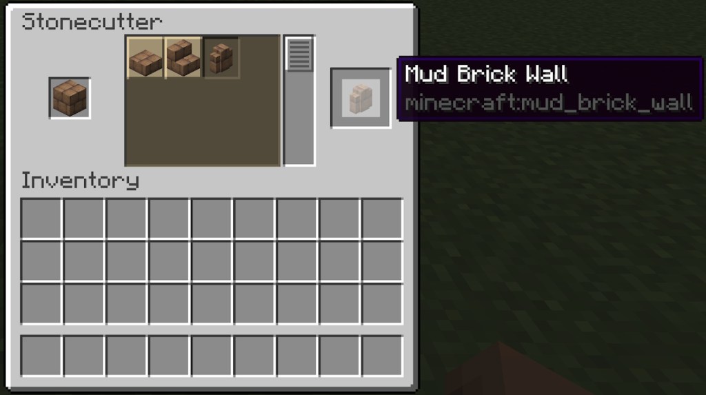 Crafting recipe for the mud brick wall inside the stonecutter