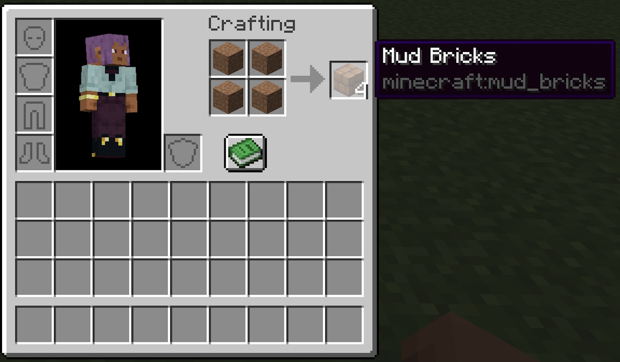 Crafting recipe for mud bricks in the player's inventory in Minecraft