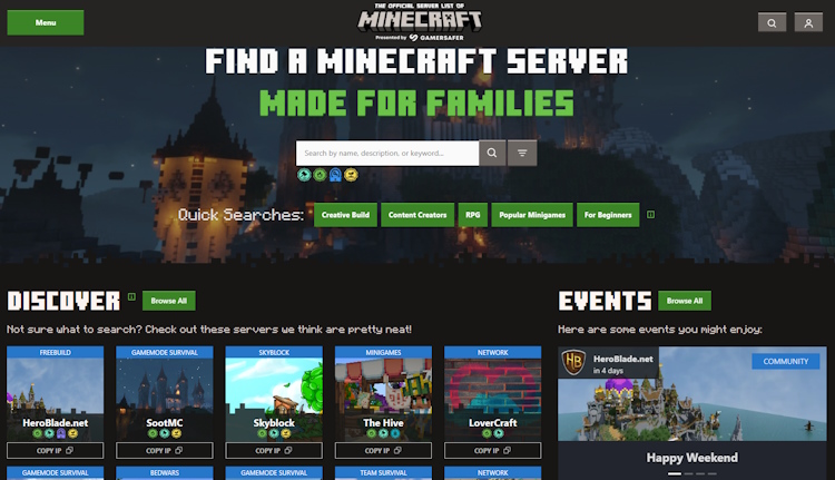 Home page of the official Minecraft server list