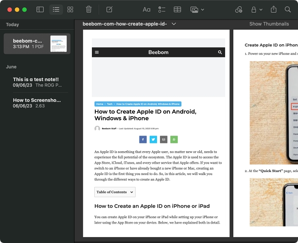 PDF in Notes app macOS Sonoma