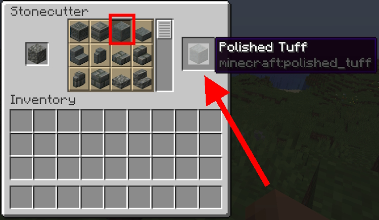 Recette de tuf poli Minecraft 1.21 à l'aide d'un tailleur de pierre