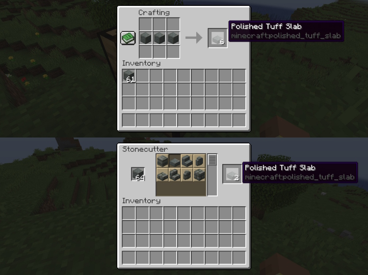 Polished tuff slab recipe using a crafting grid and a stonecutter in Minecraft 1.21