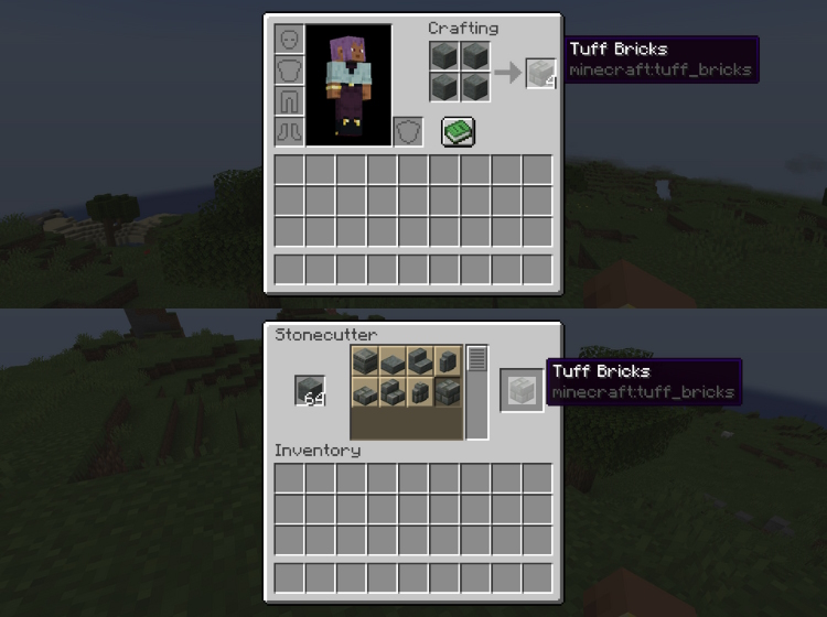 Tuff bricks recipe using a stonecutter and a crafting grid