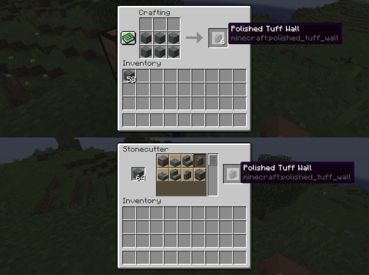 Polished tuff wall recipe using a crafting grid and a stonecutter