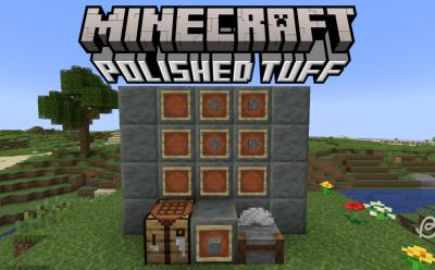 Polished tuff blocks next to a crafting table and a stonecutter in Minecraft 1.21