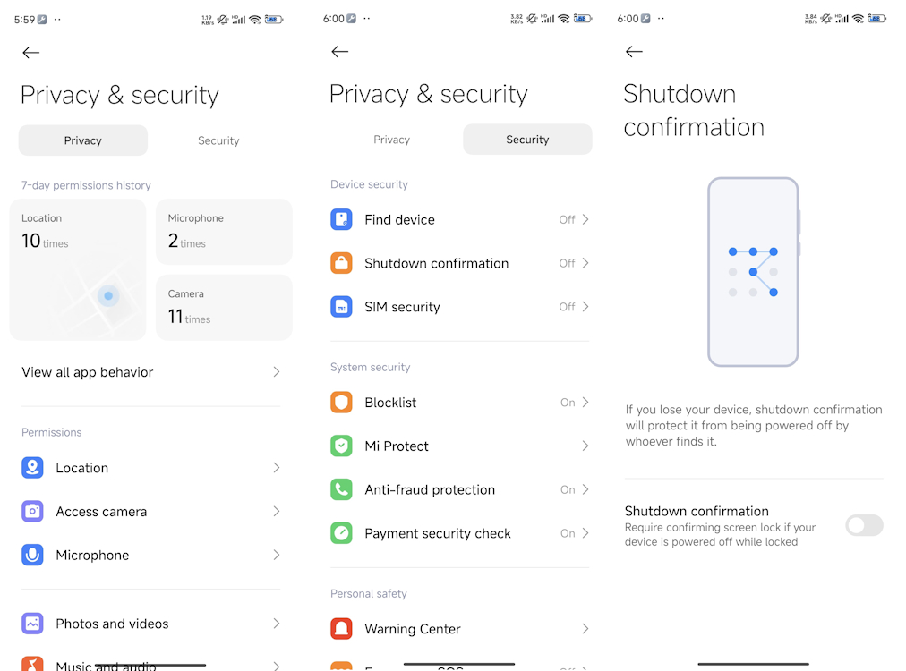 Privacy and Security page HyperOS