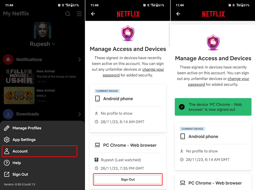 Removing individual devices from Netflix account on Android