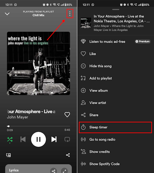 Finding the sleep timer feature on Spotify