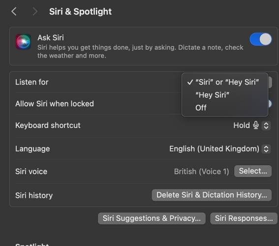 Siri and Spotlight settings Mac