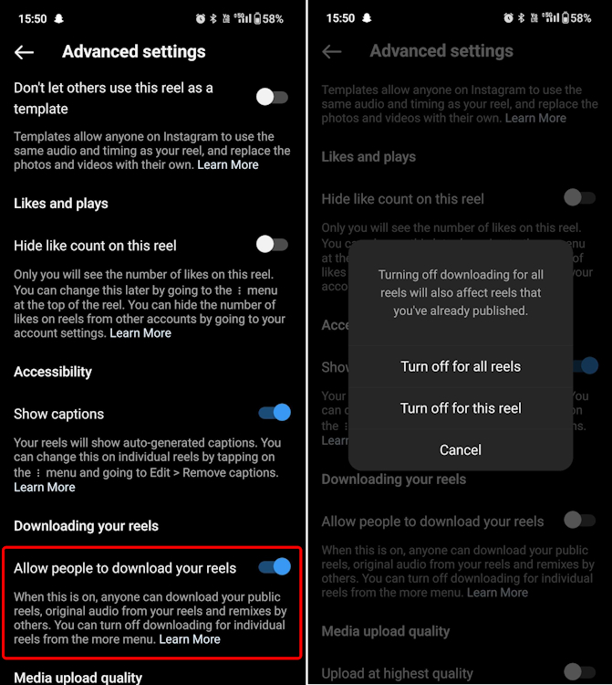 Toggling off the Allow people to download your reels on Instagram option