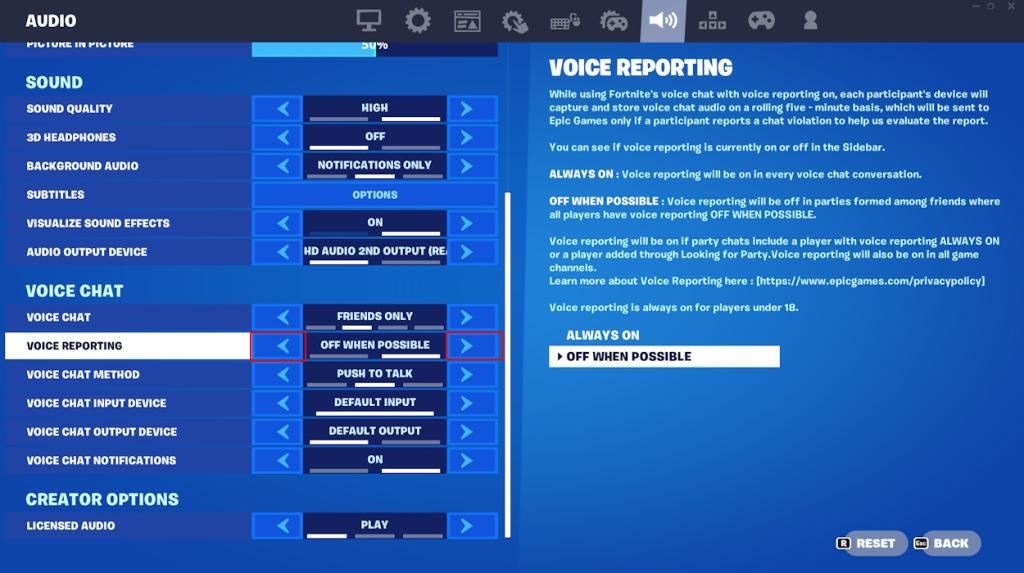 Toggling voice reporting option