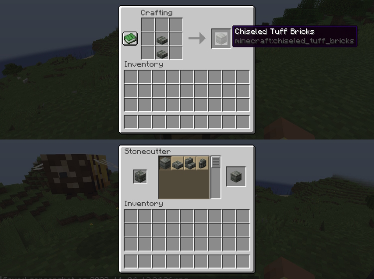 Chiseled tuff bricks recipes using a stonecutter and a crafting table