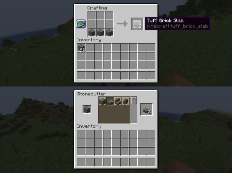 Tuff brick slab recipes using a stonecutter and a crafting table