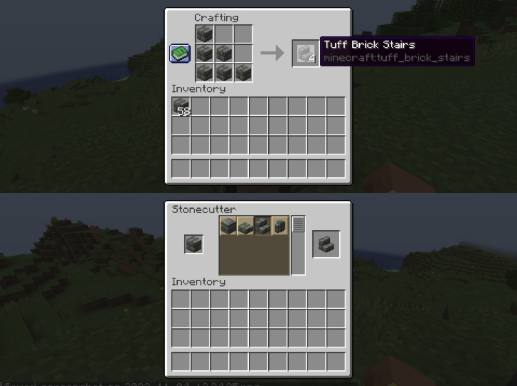 Tuff brick stairs recipes using a stonecutter and a crafting table