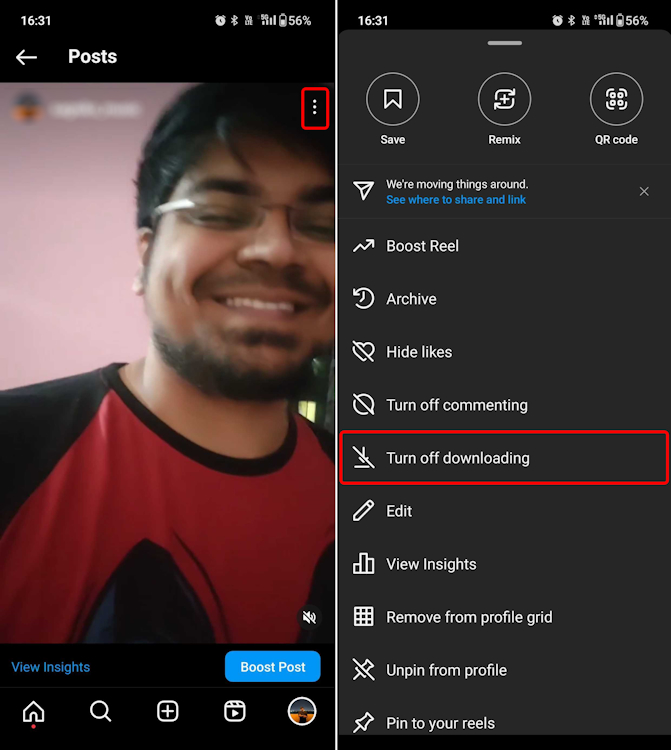 Turning off downloading for an existing Instagram reel
