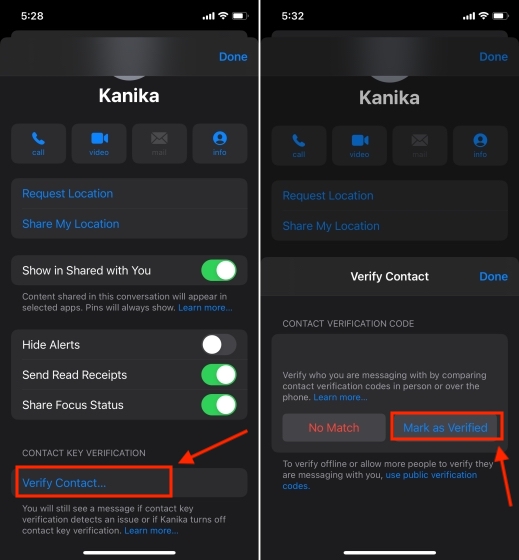 iMessage contact verification code