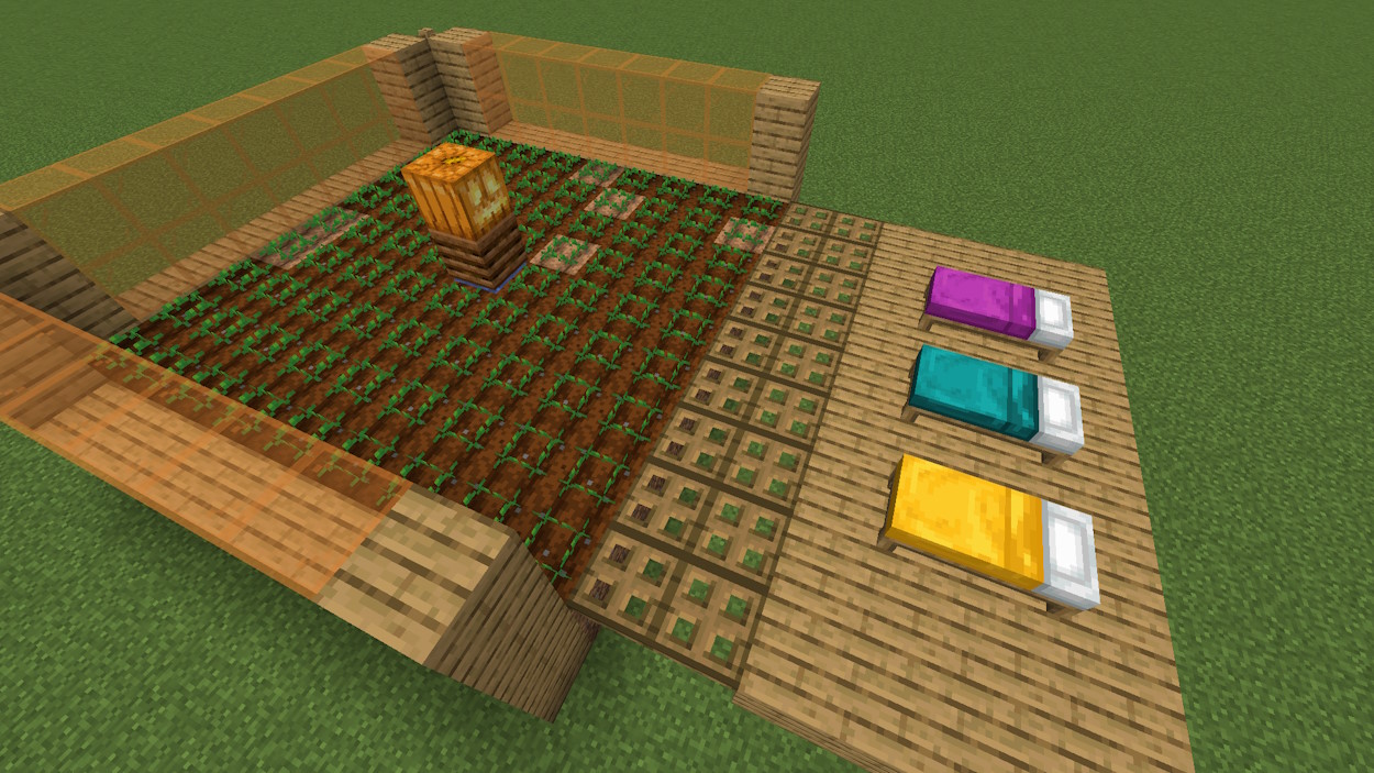 Trapdoors placed on the edge of a crop farm and more trapdoors are next to them attached to the platform with beds on top