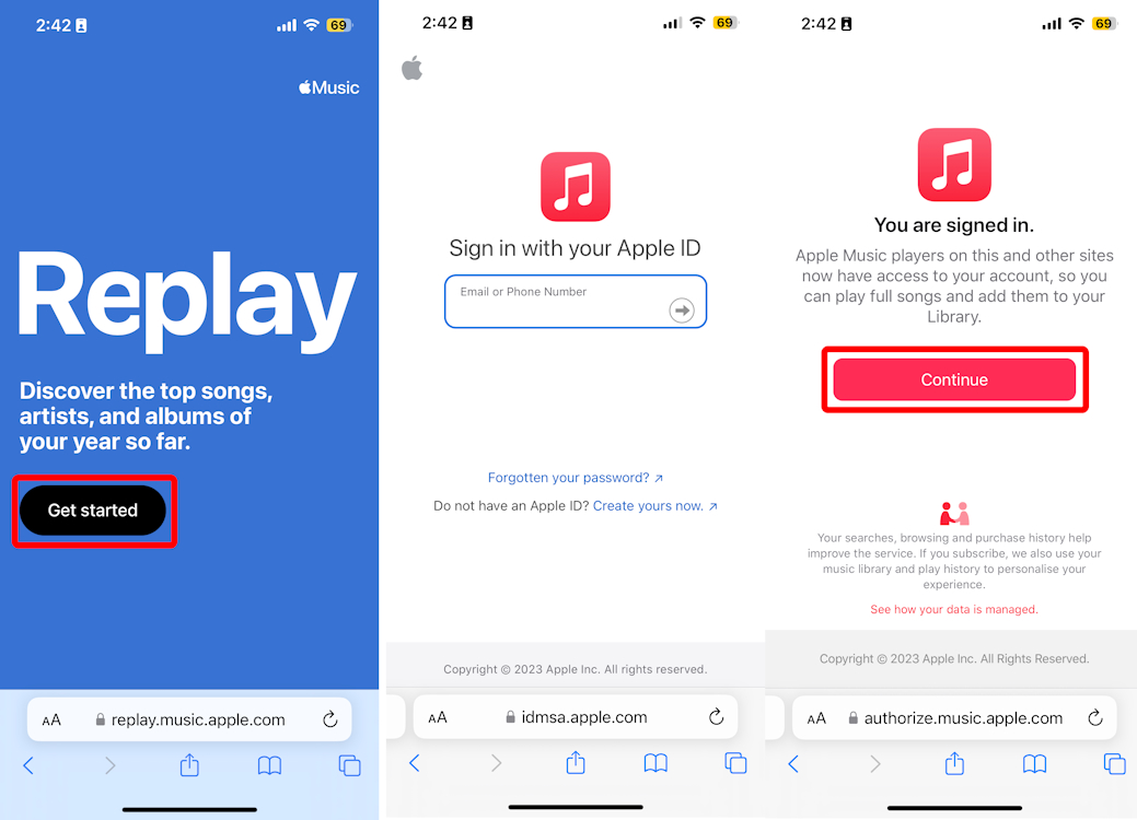 Visiting the Apple Music Replay page and signing in