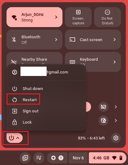 restart chromebook option from the quick settings panel