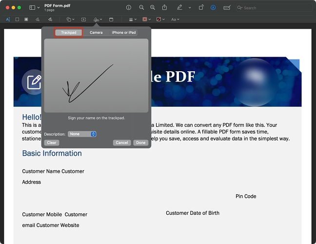 add signature to PDF via Trackpad on Mac