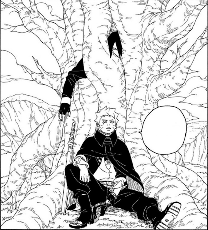 Boruto with Sasuke who was transformed into a tree