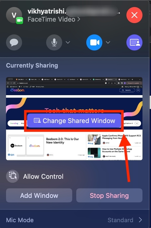 Change Shared Window on FaceTime