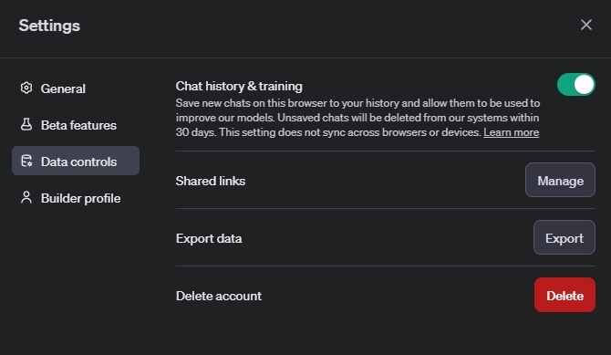 chat history setting in chatgpt