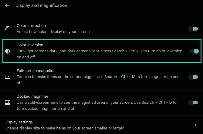 color inversion settings in chromeos