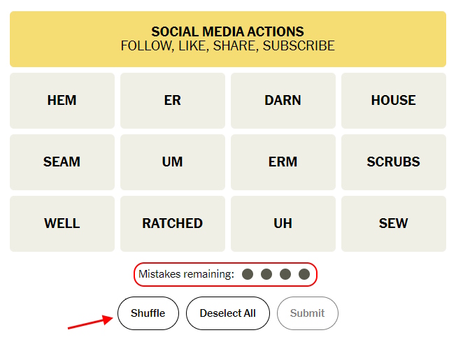 connections shuffle and mistakes remaining highlighted