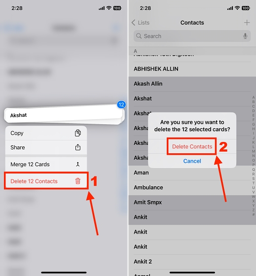 delete multiple Contacts on iPhone
